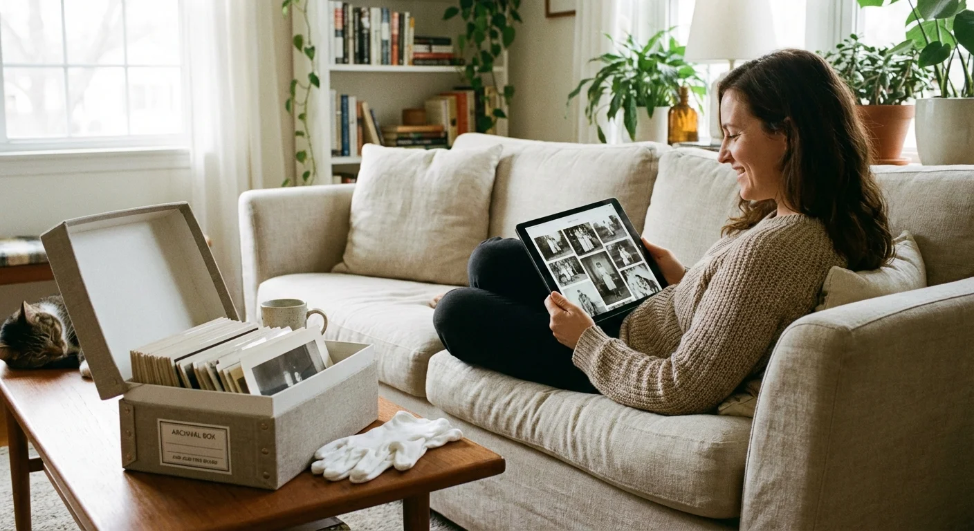 A person happily browsing an organized digital photo archive on a tablet at home.
