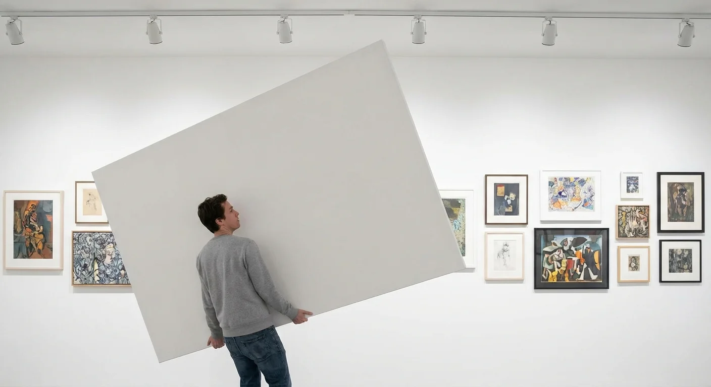 A person holding a large blank canvas against a wall to visualize print size.