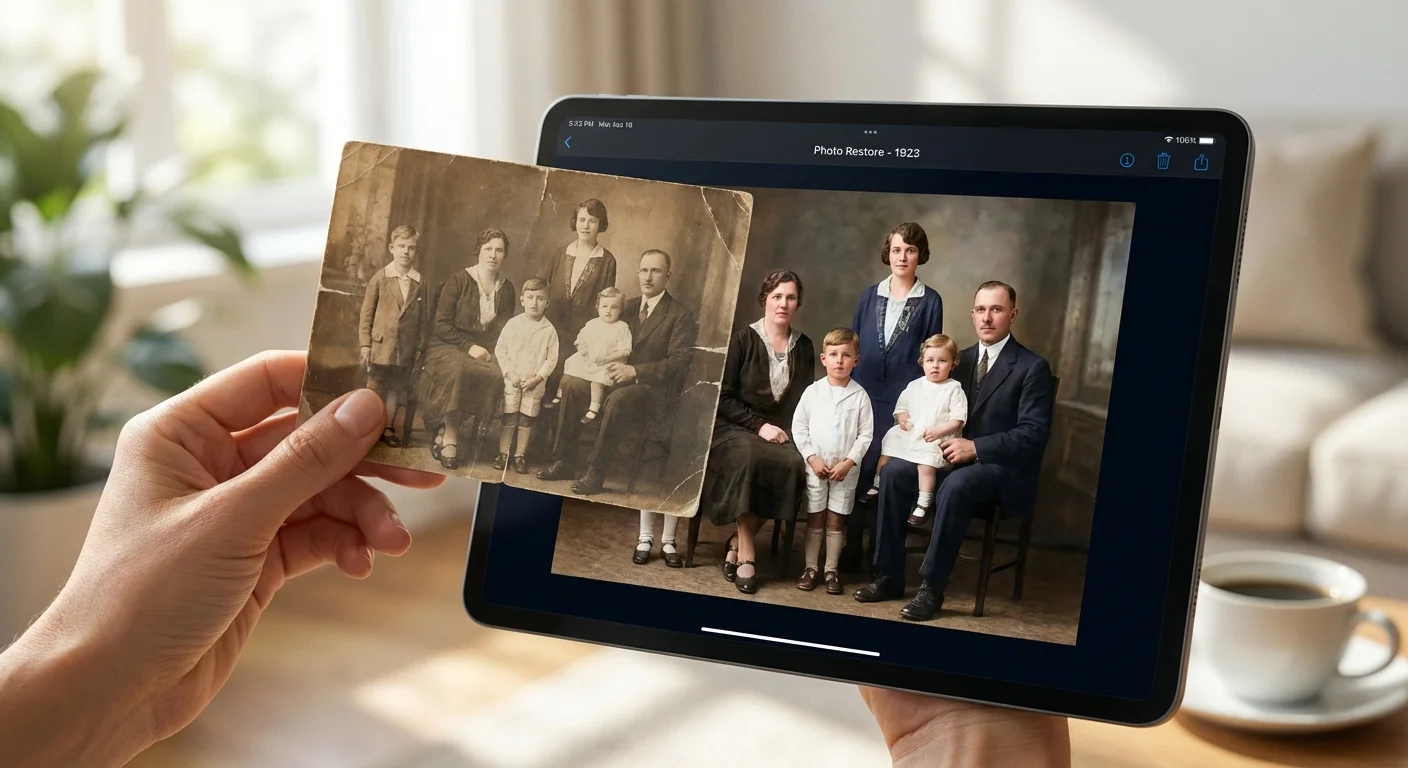 A person holding an old physical photo over a tablet showing a digitally restored version of the same image.