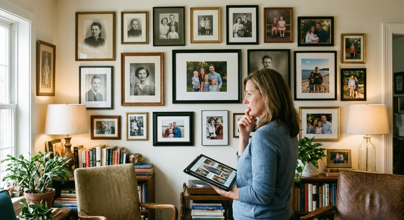 A person looking at a wall of framed family photos while holding a tablet, reflecting on their project.