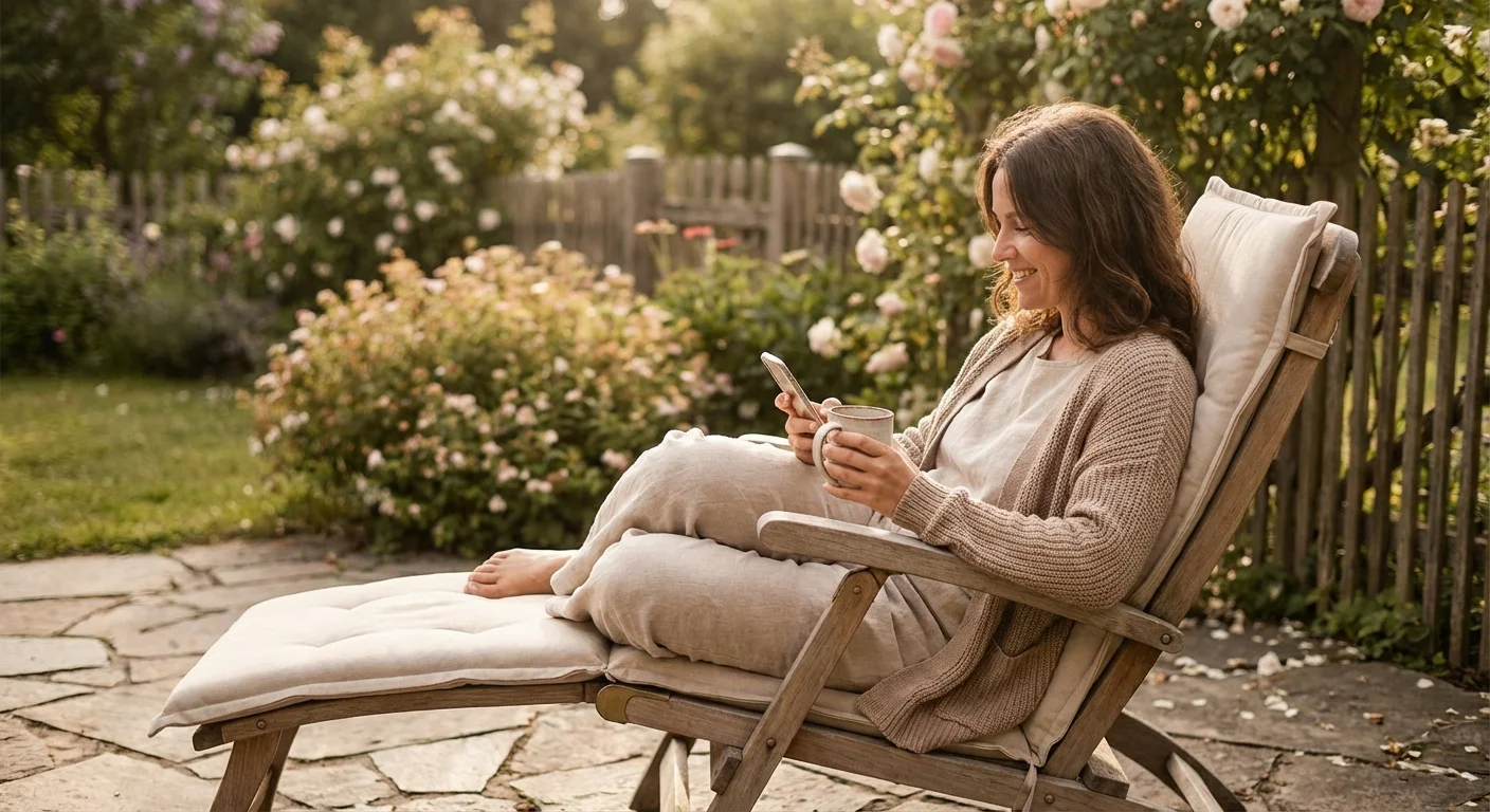 A person looking happy and relaxed while using their phone in a bright room.