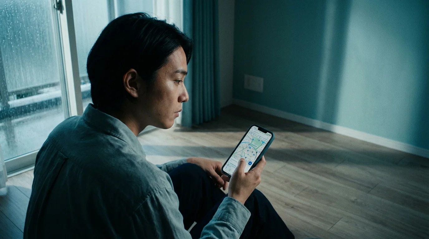 A person looking thoughtfully at a phone screen in a minimalist, shadowed room.