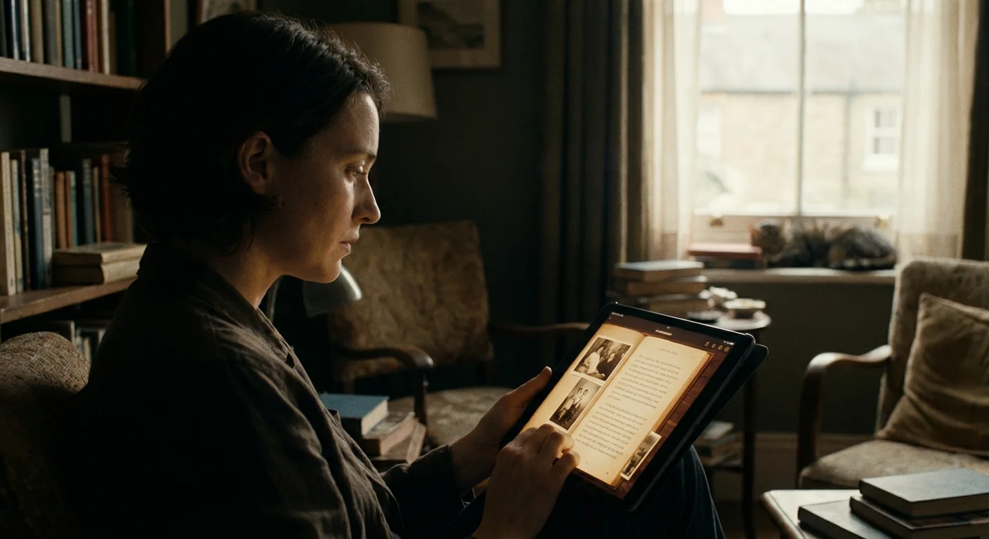 A person looking thoughtfully at a tablet screen in a softly lit room.