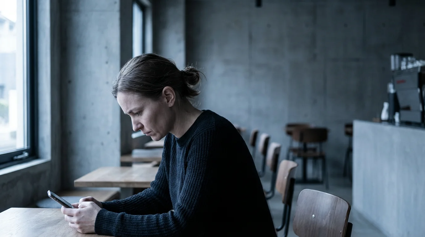 A person looking thoughtfully at their phone in a quiet, blurred cafe setting.