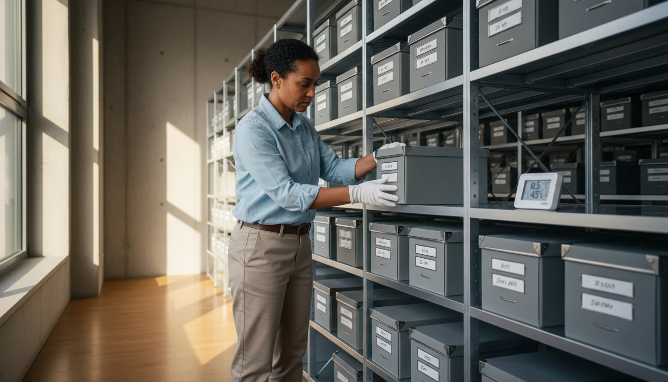 A person meticulously organizing archival photo storage boxes on shelving in a well-lit, climate-controlled room with a hygrometer. Soft morning light.