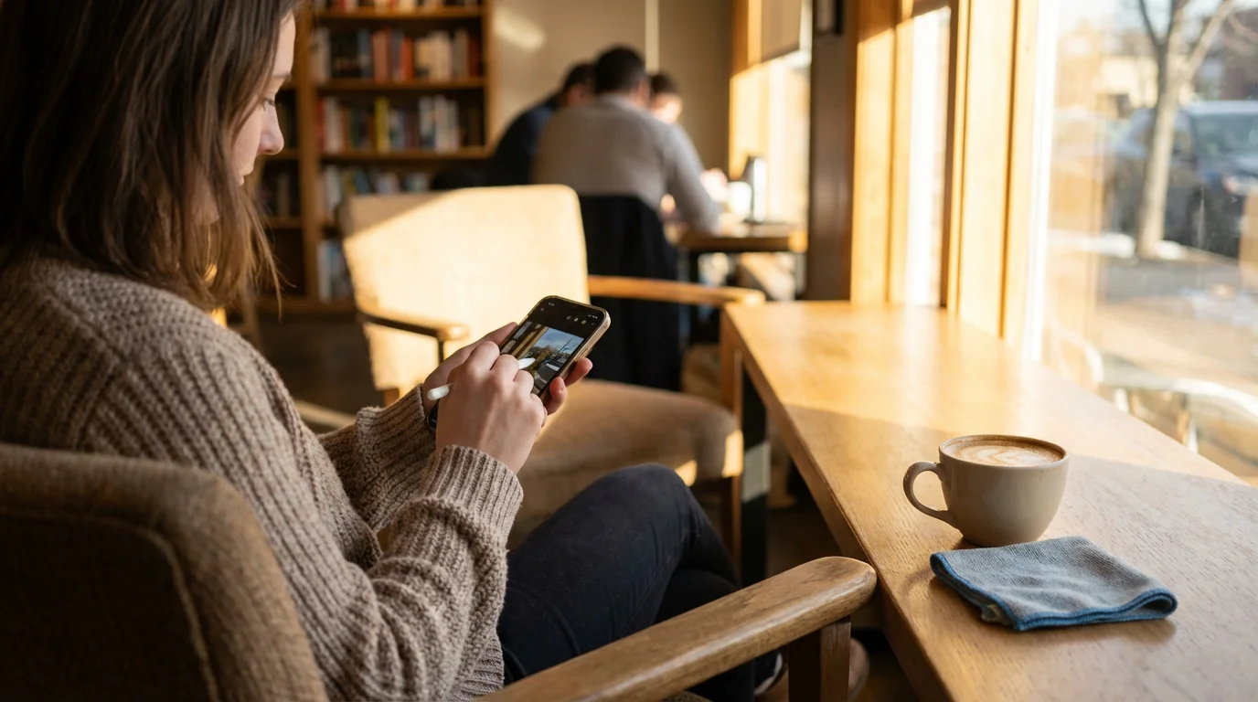 A person mindfully editing photos on their smartphone in a bright cafe.