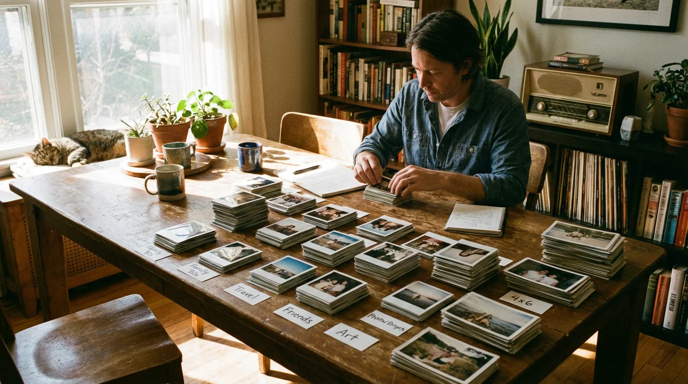 A person organizing a large collection of printed photographs into stacks on a wooden table.