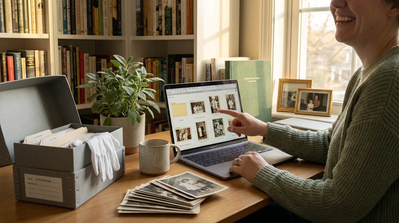 A person organizing digital files on a computer next to physical archival storage boxes.