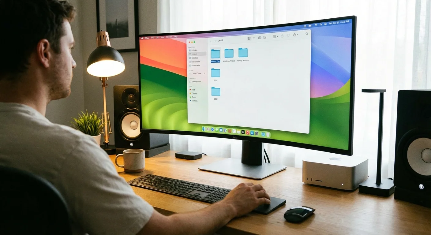 A person organizing digital photo folders by year on a computer screen.