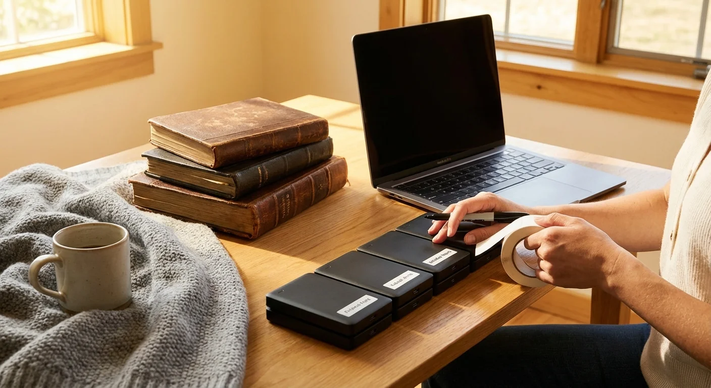 A person organizing external hard drives and photo albums in a clean, modern workspace.