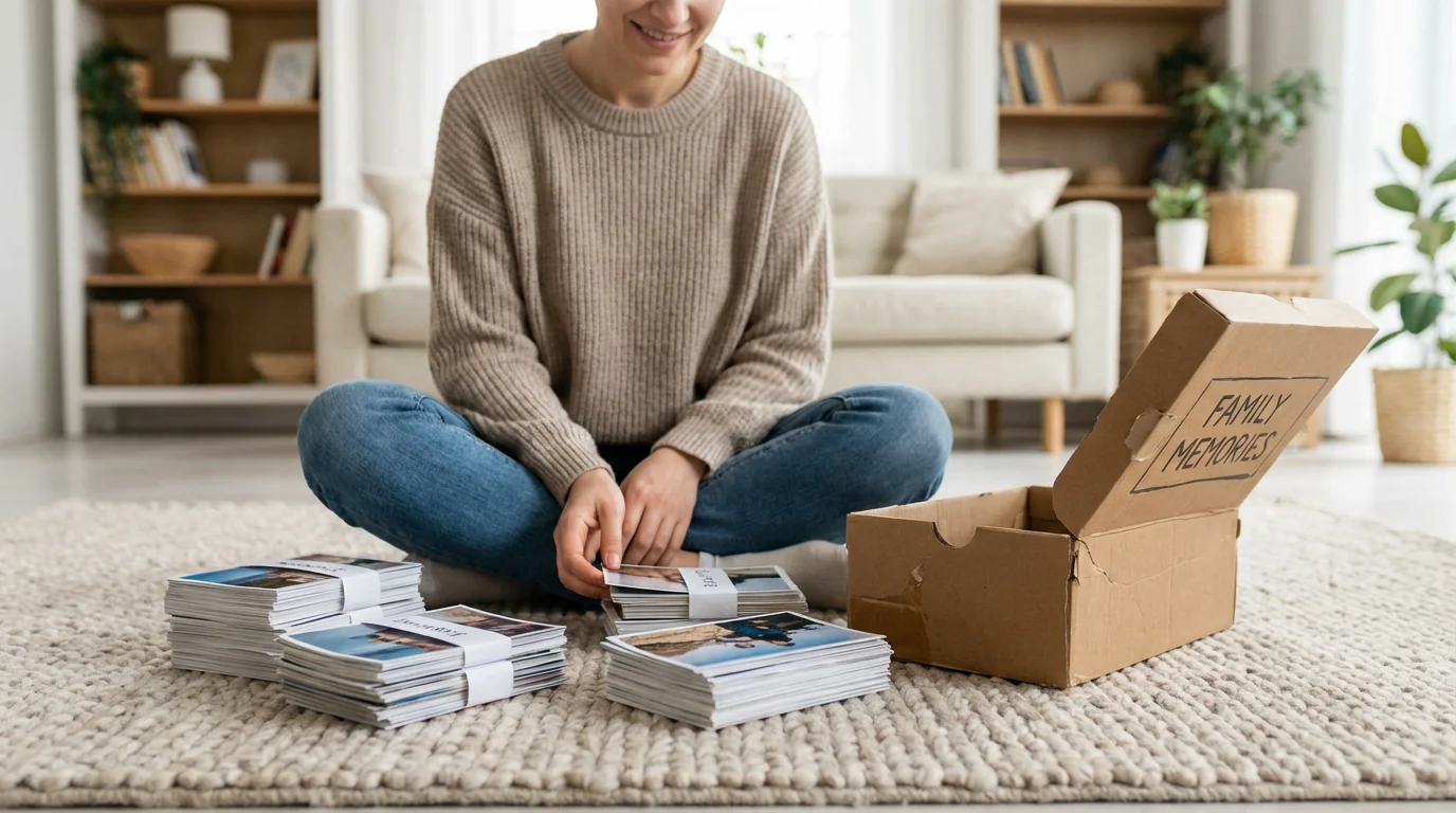 A person organizing piles of photos on a rug next to an old shoebox.