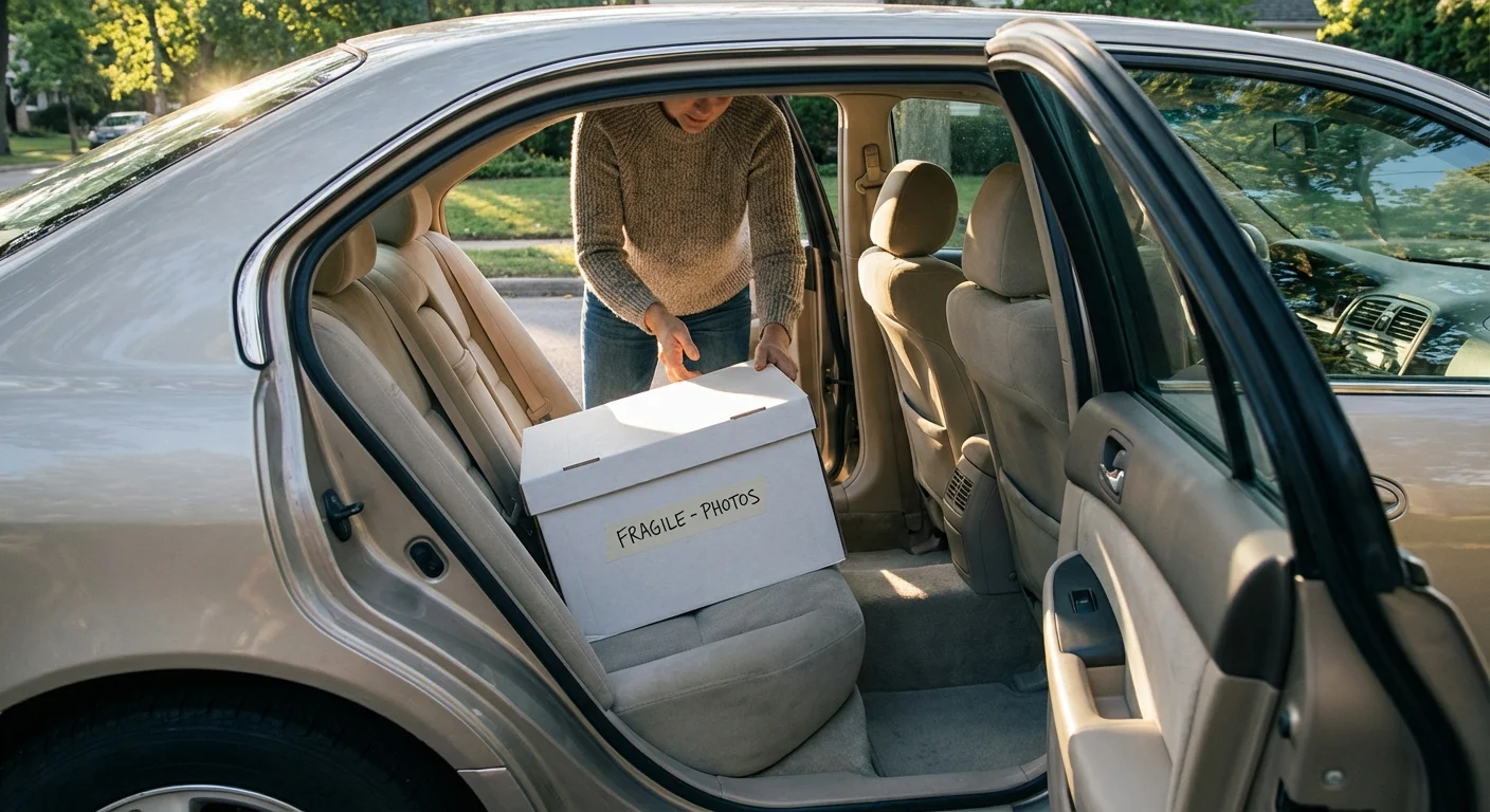 A person placing a box of photos into the back seat of a car for climate-controlled transport.