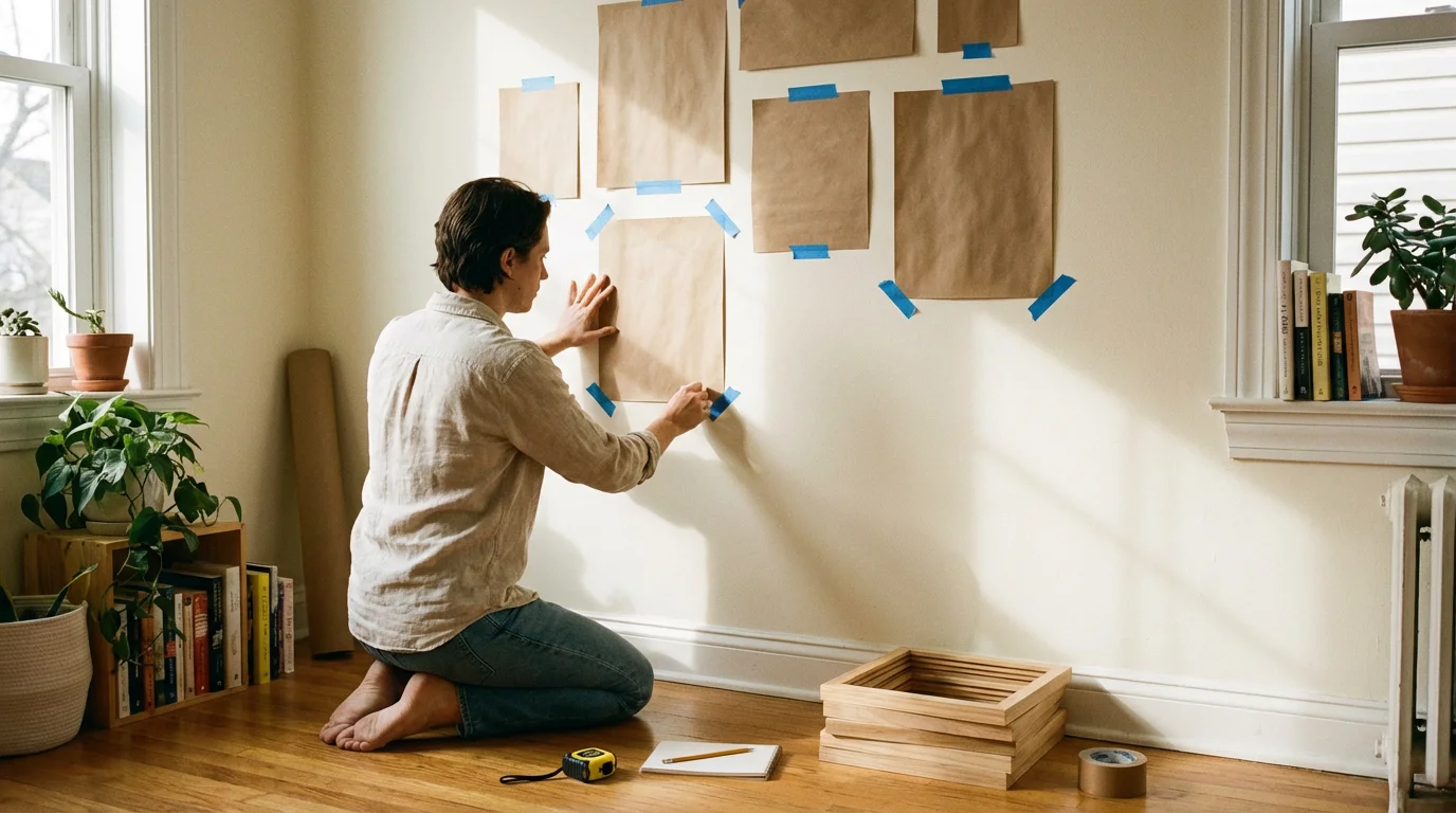 A person planning a gallery wall layout using paper templates on a modern interior wall.