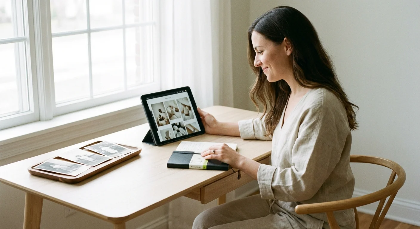 A person planning a photo project at a bright, organized desk with a notebook and laptop.