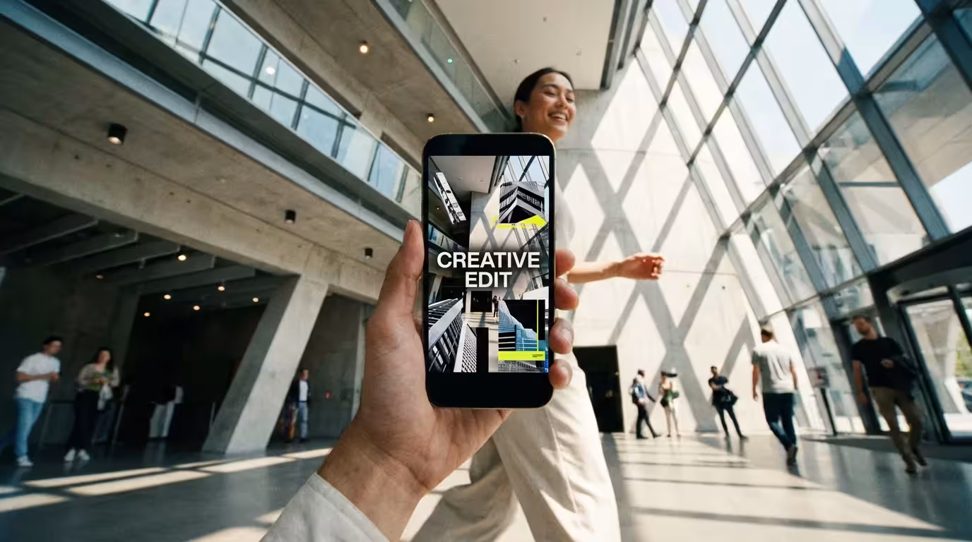 A person quickly editing an architectural photo on their phone in a modern building.