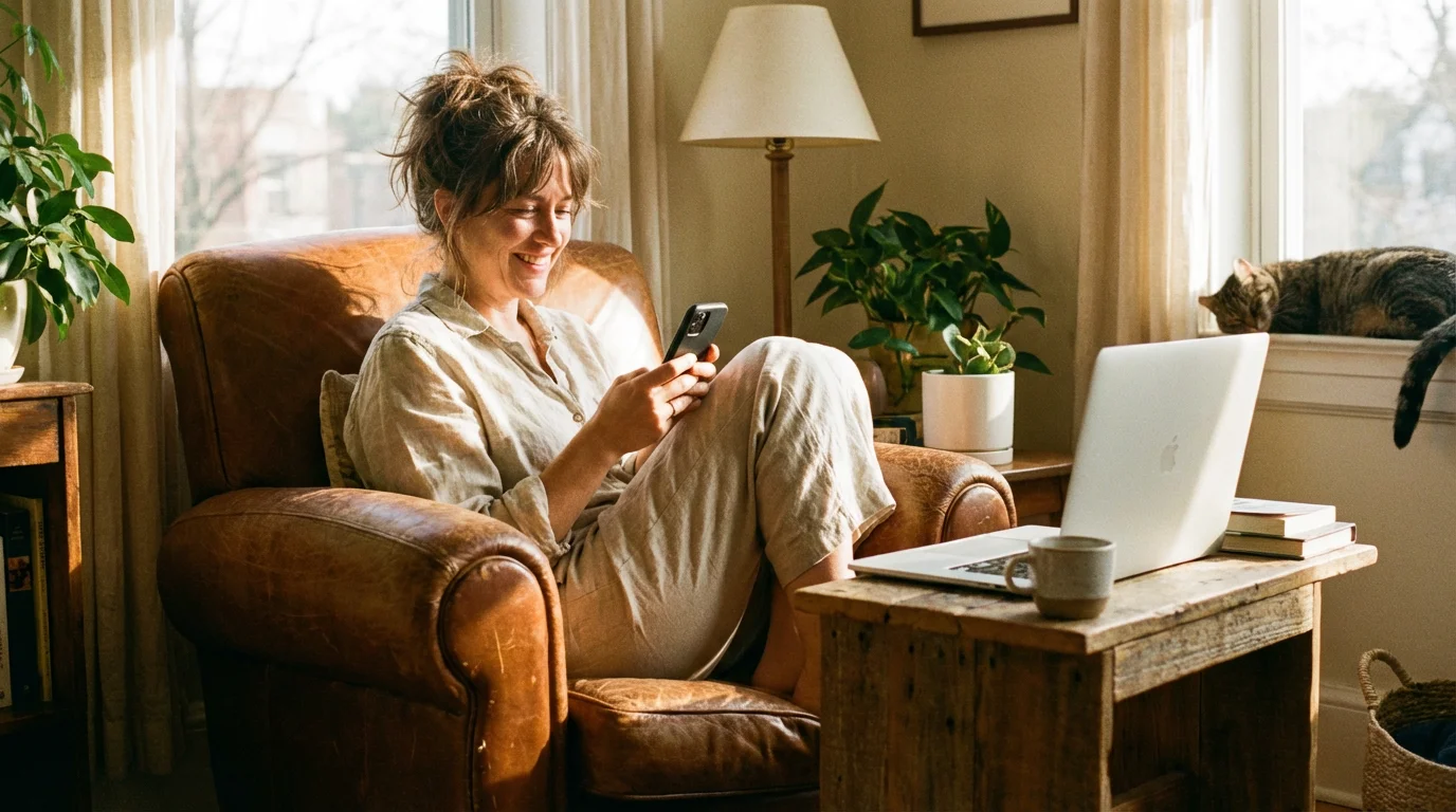 A person relaxed in a chair while casually managing photos on their phone.
