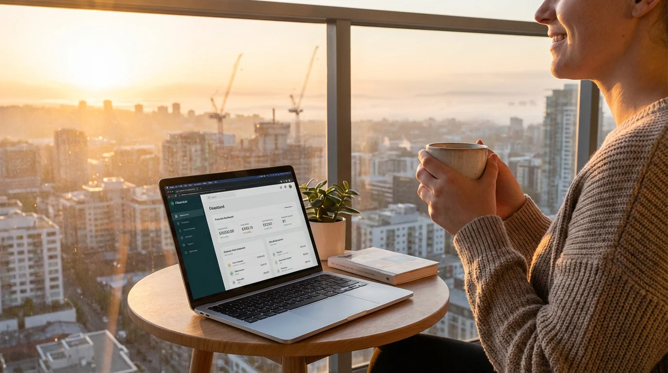 A person relaxing on a balcony with a laptop at sunrise, symbolizing passive income.