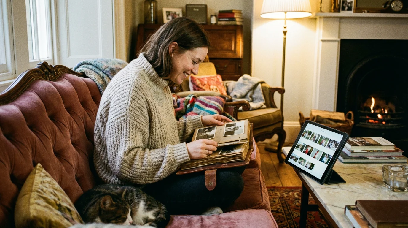 A person reviewing a photo album and a digital tablet on a cozy sofa.
