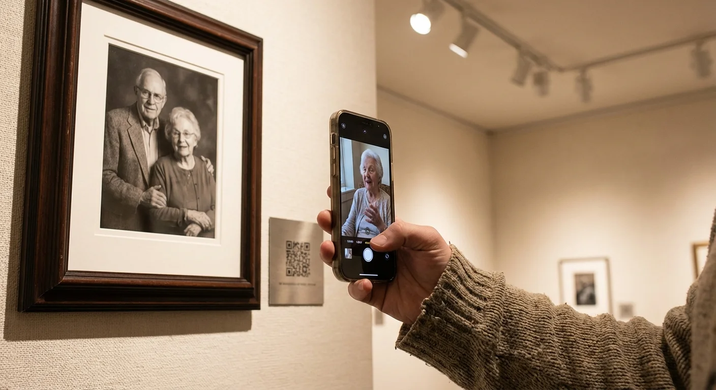 A person scanning a QR code next to a framed photo with a smartphone to see digital content.
