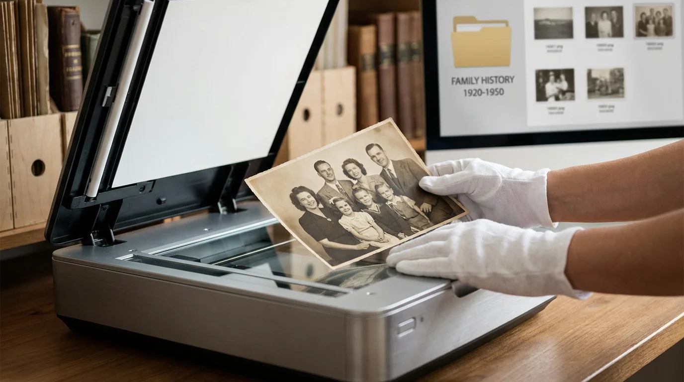 A person scanning a vintage family photograph with archival gloves in a well-lit room.