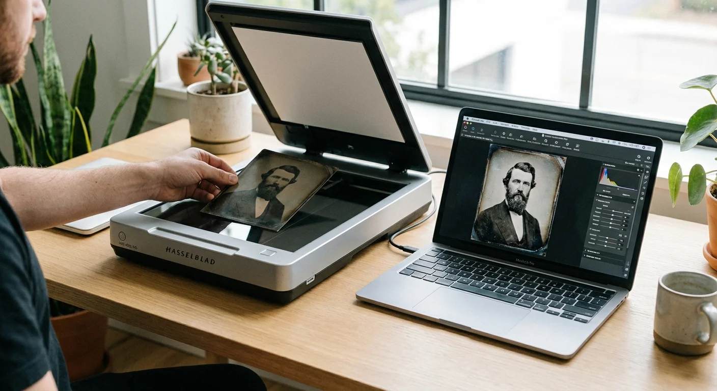 A person scanning an old photograph using a flatbed scanner for digital preservation.