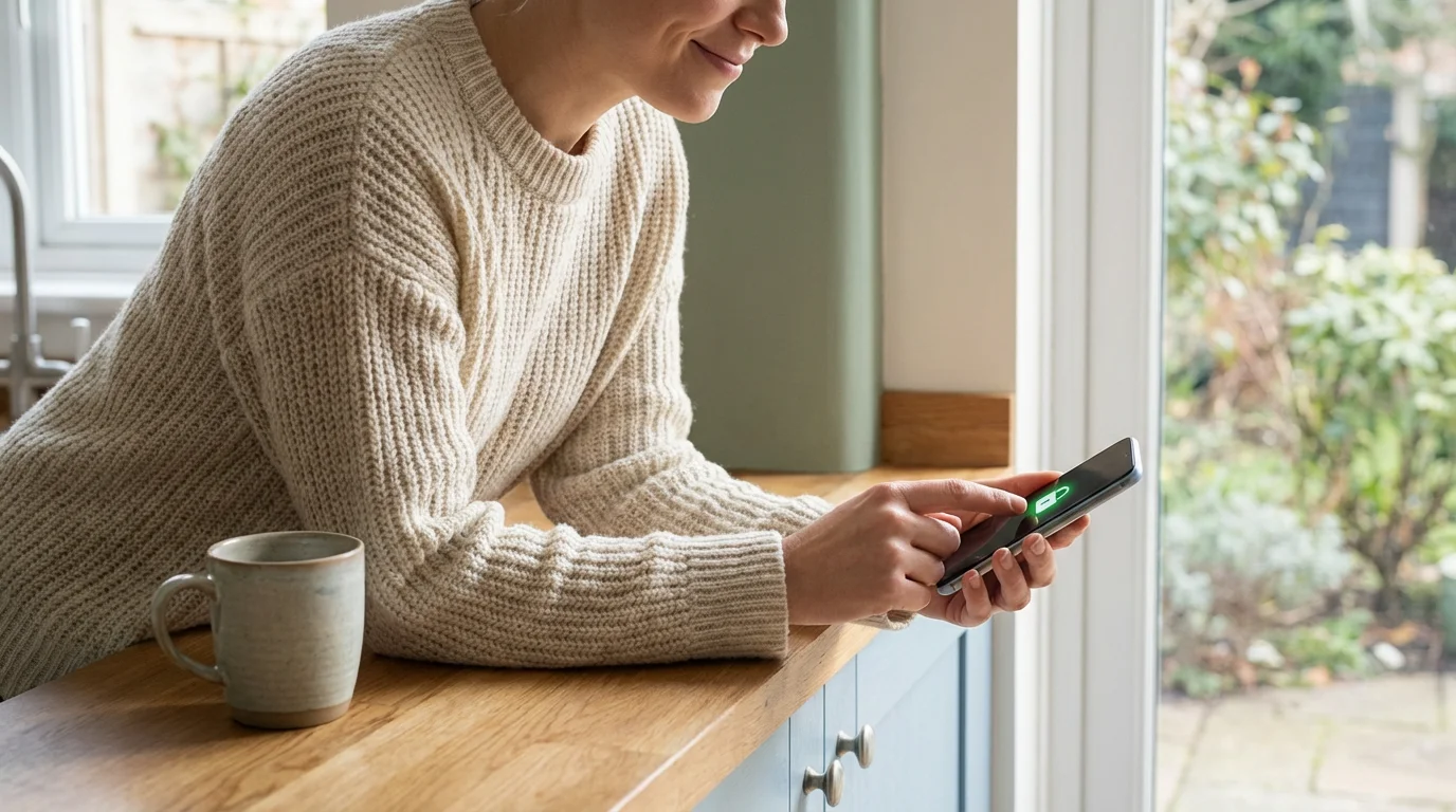 A person securely logging into their phone using a thumbprint scanner.