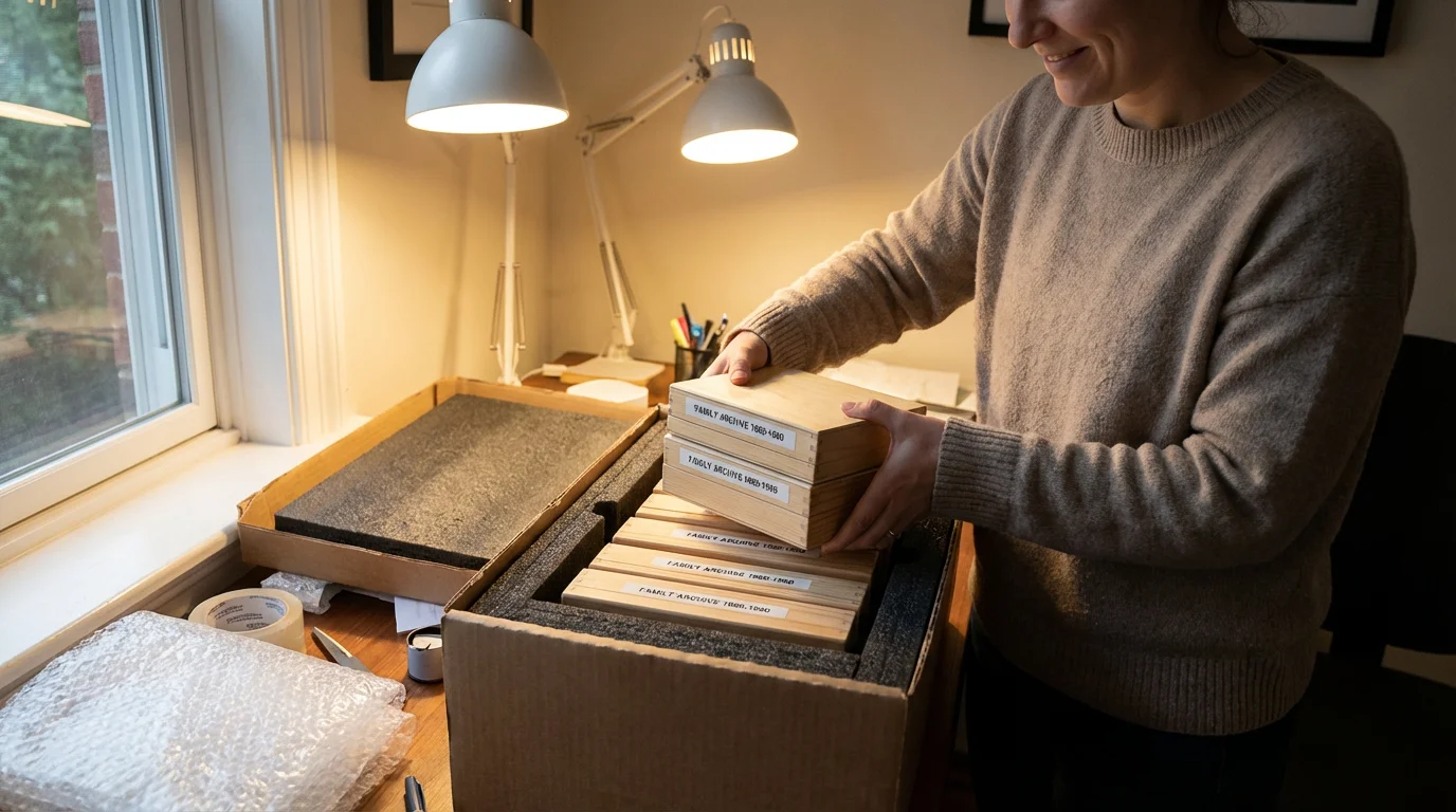 A person securely packing vintage slides into a shipping box for professional scanning services.