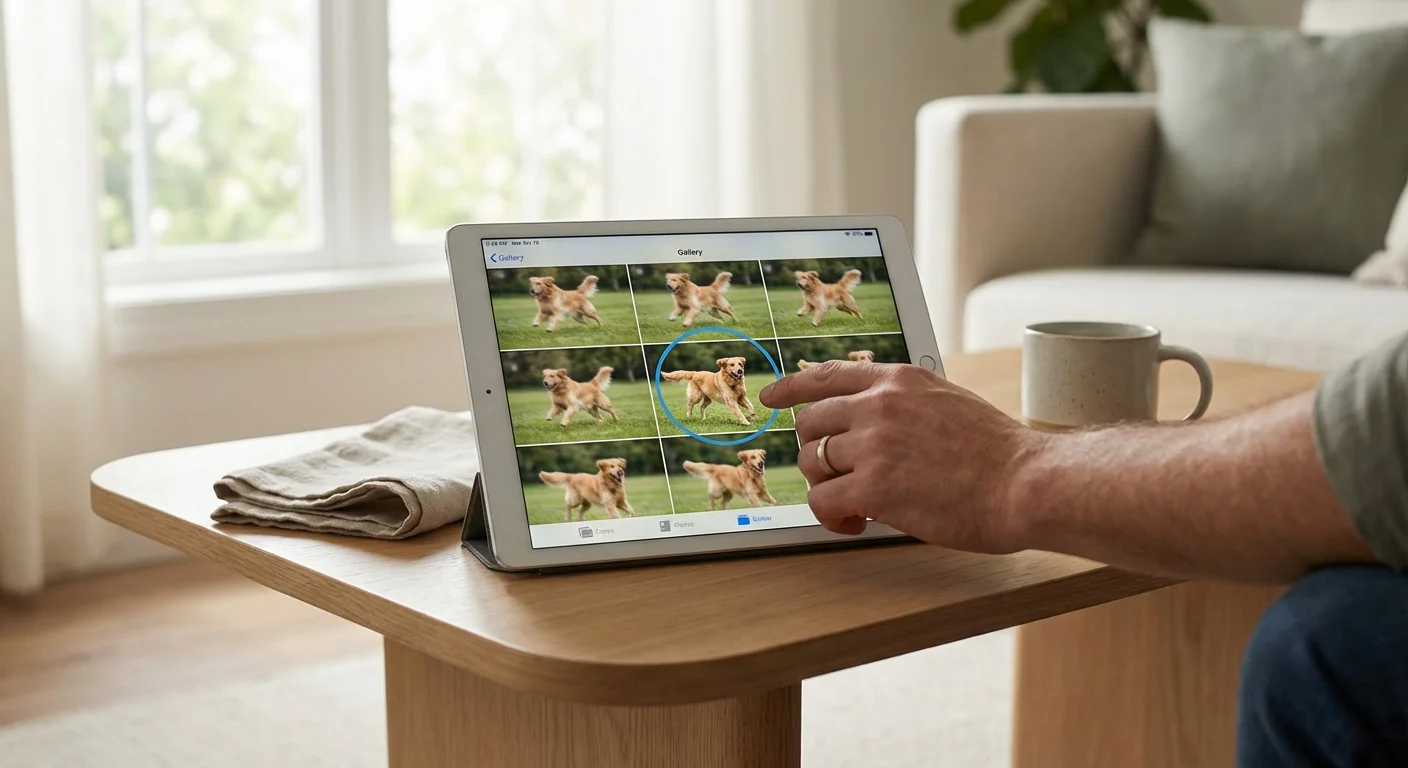 A person selecting the best shot from a series of burst-mode photos on a tablet.