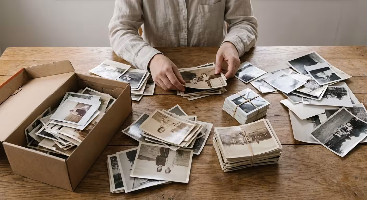 A person sorting through a large collection of old family photos on a wooden table.