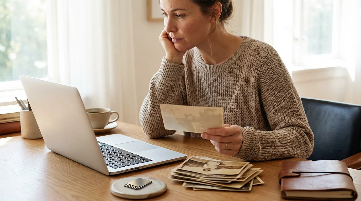 A person sorting through physical and digital photos at a clean desk.