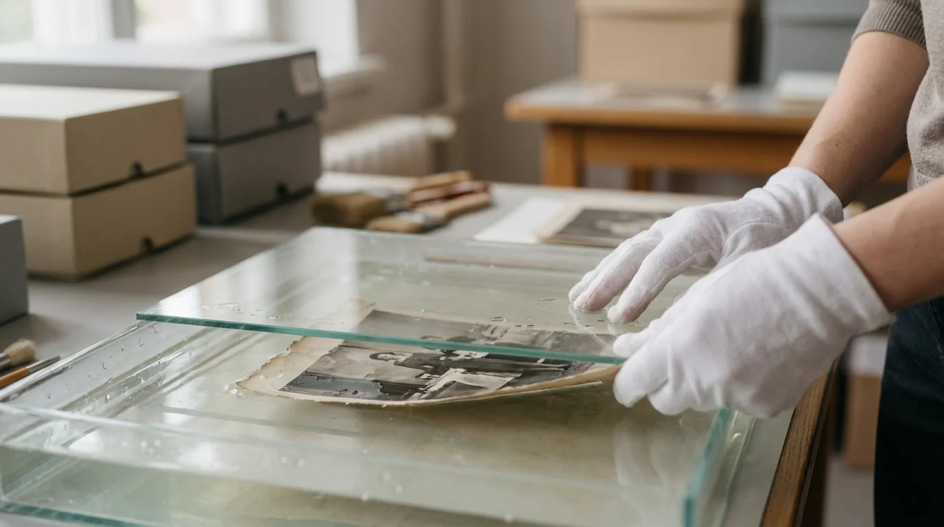 A person submerged a photo frame in water to safely separate the image from glass.