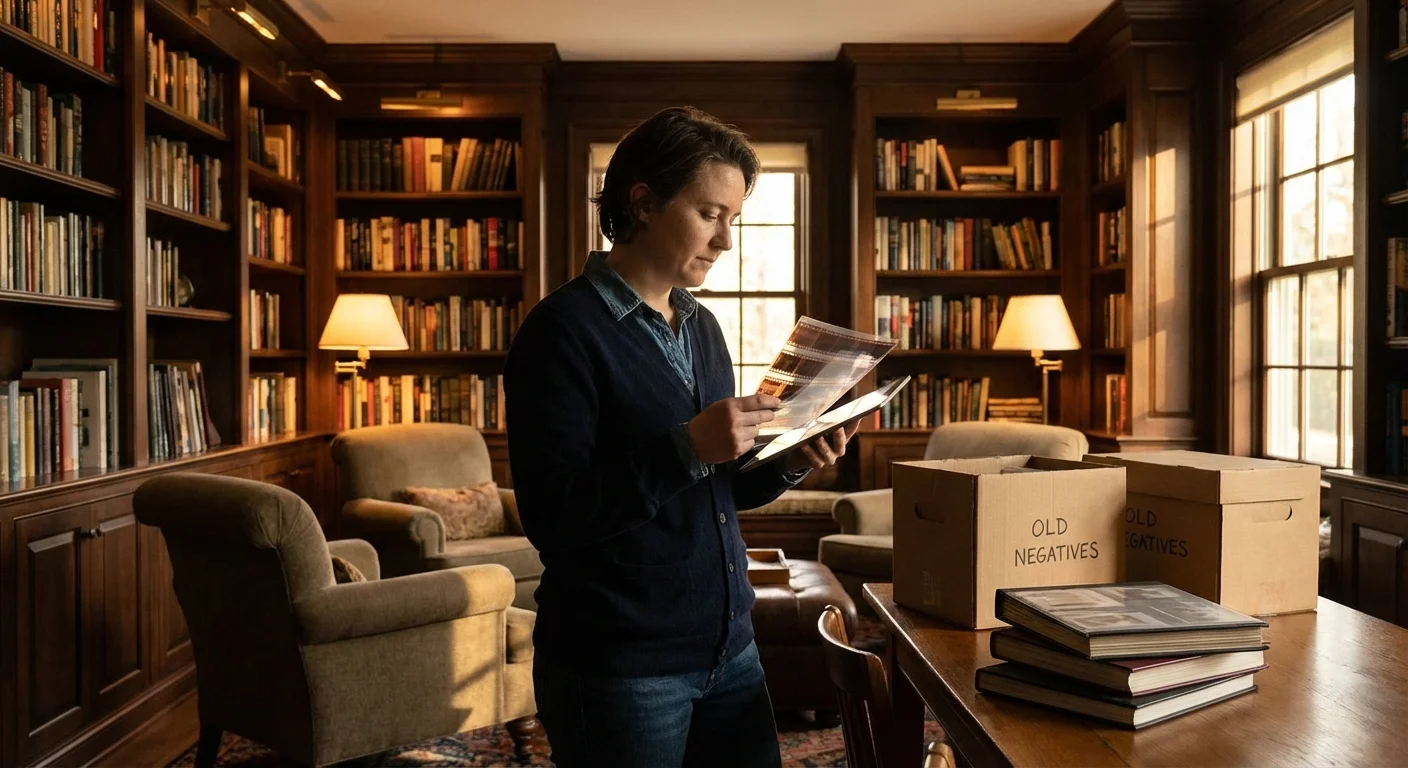 A person thoughtfully reviewing a box of old photo negatives in a beautiful home library.