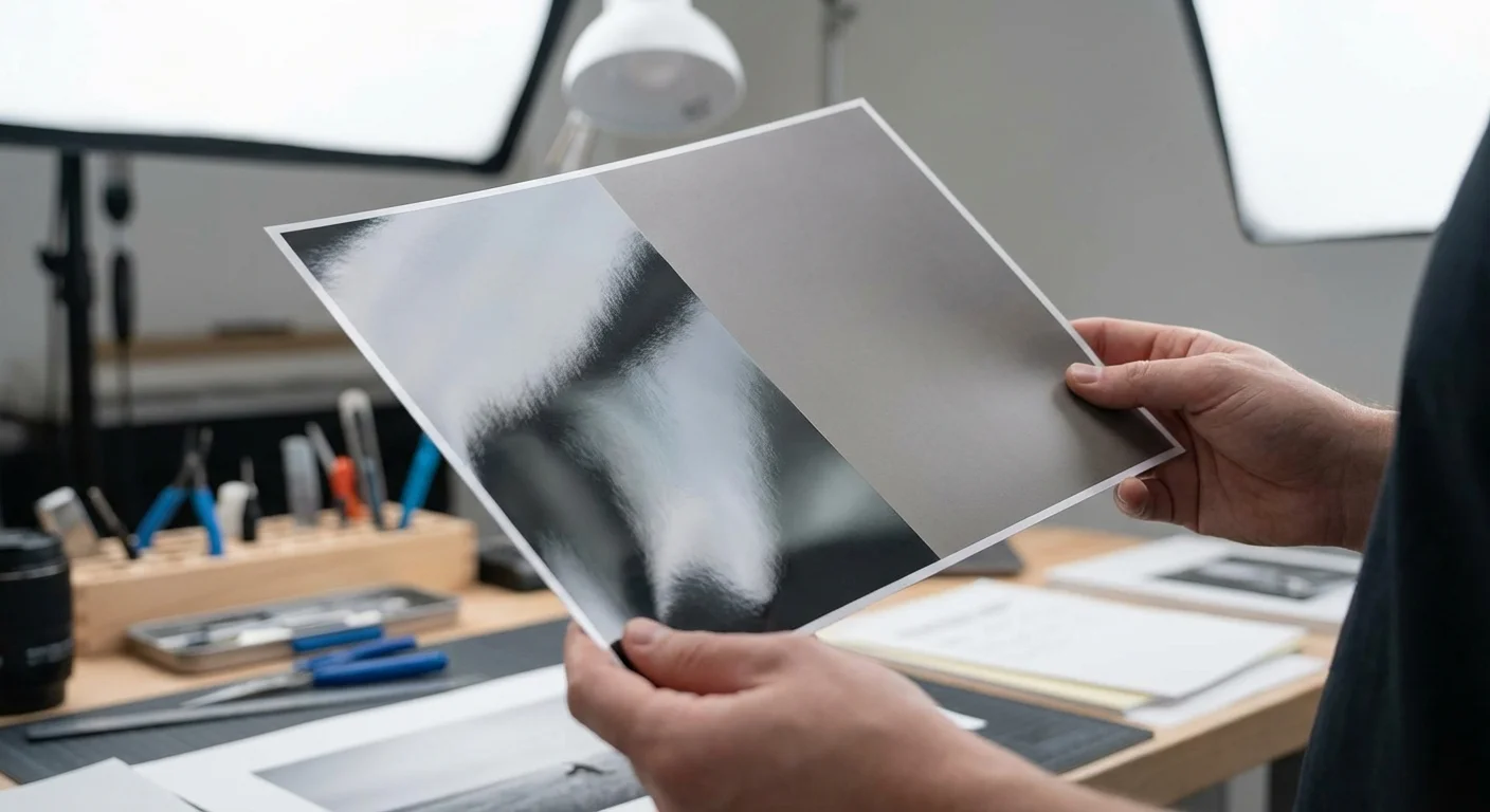 A person tilting a photo to identify its surface texture under a soft light source.