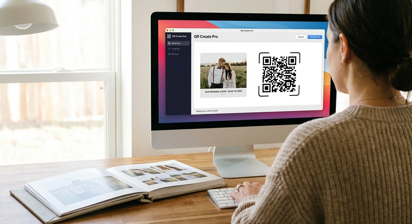 A person using a computer to create a QR code, with a photo book ready on the desk.