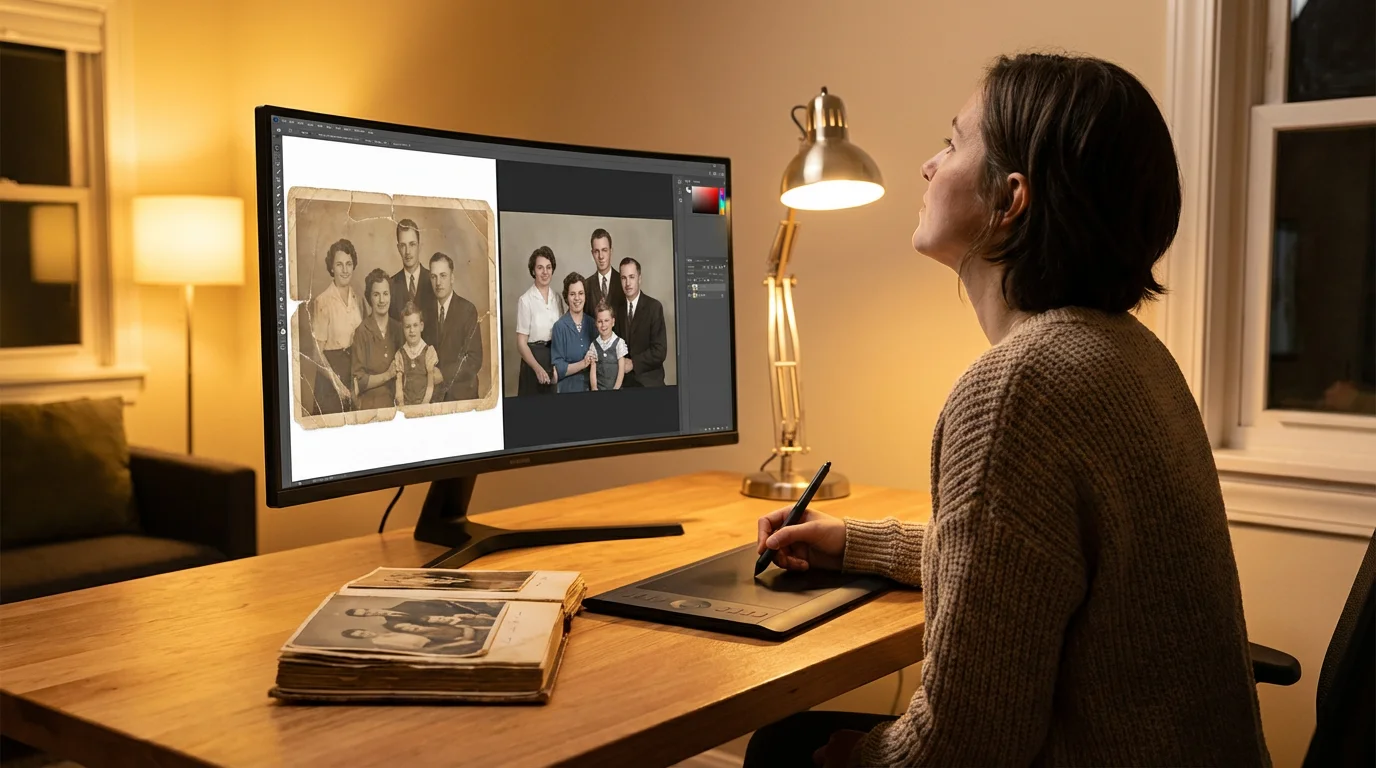 A person using a digital tablet to restore a scanned, water-damaged photo on a computer.