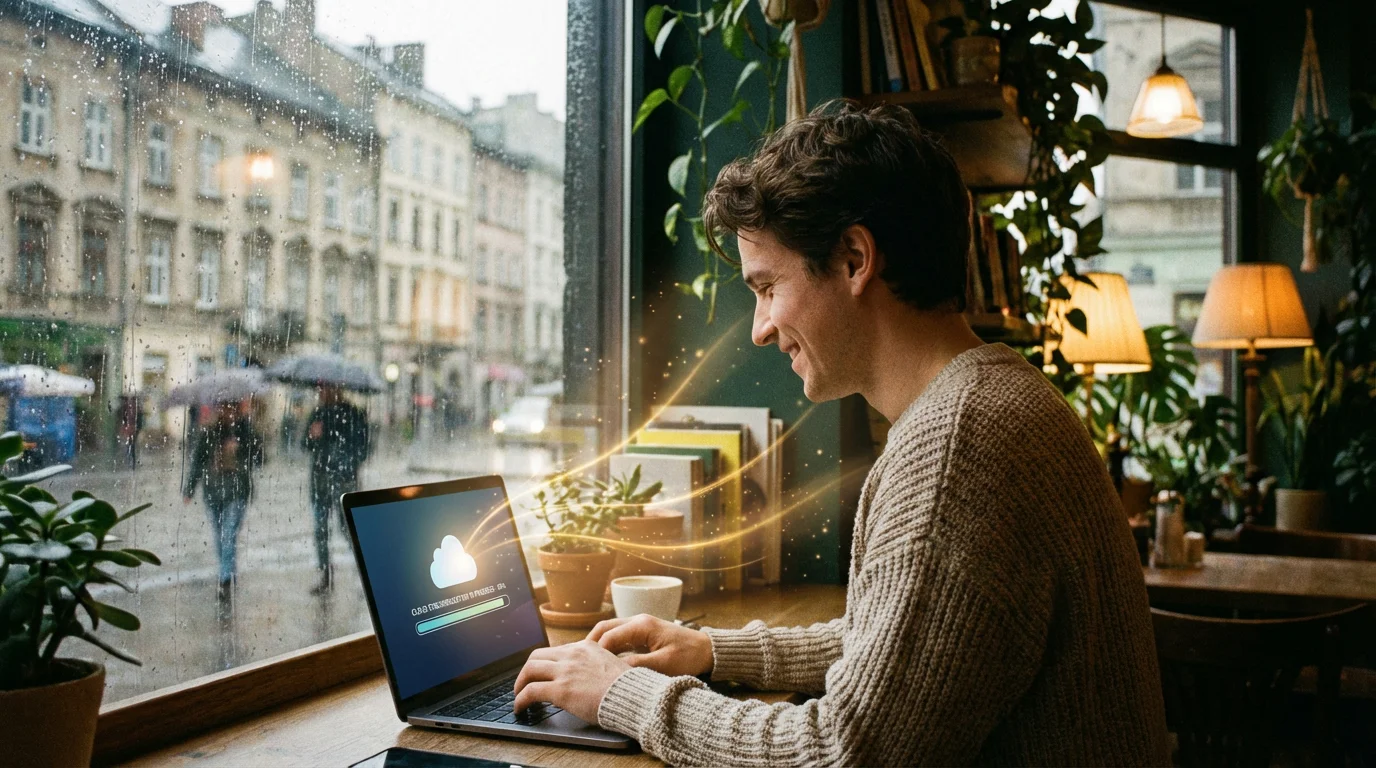 A person using a laptop in a cafe, symbolizing remote cloud backup and offsite storage.