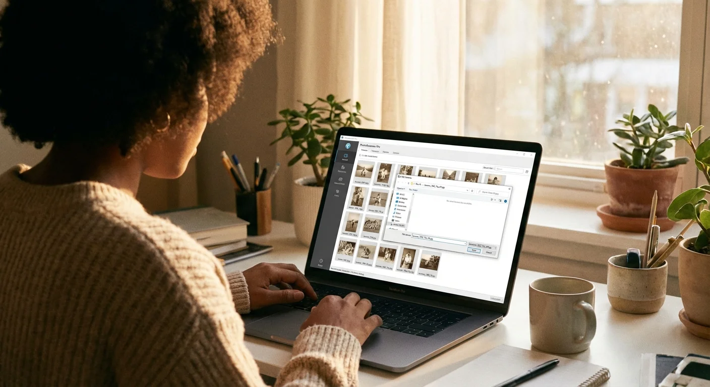 A person using a laptop to organize and rename a large collection of digital photos.