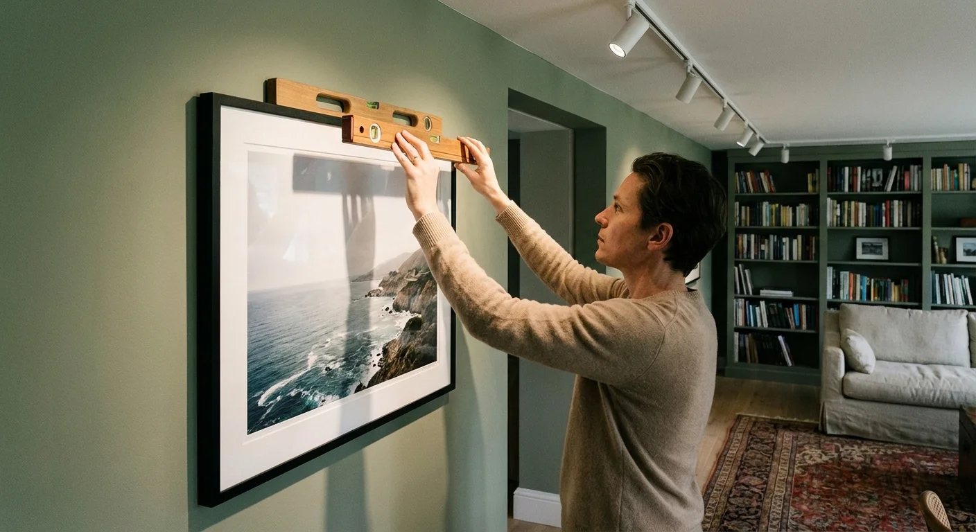 A person using a level to hang a picture frame perfectly straight on a wall.