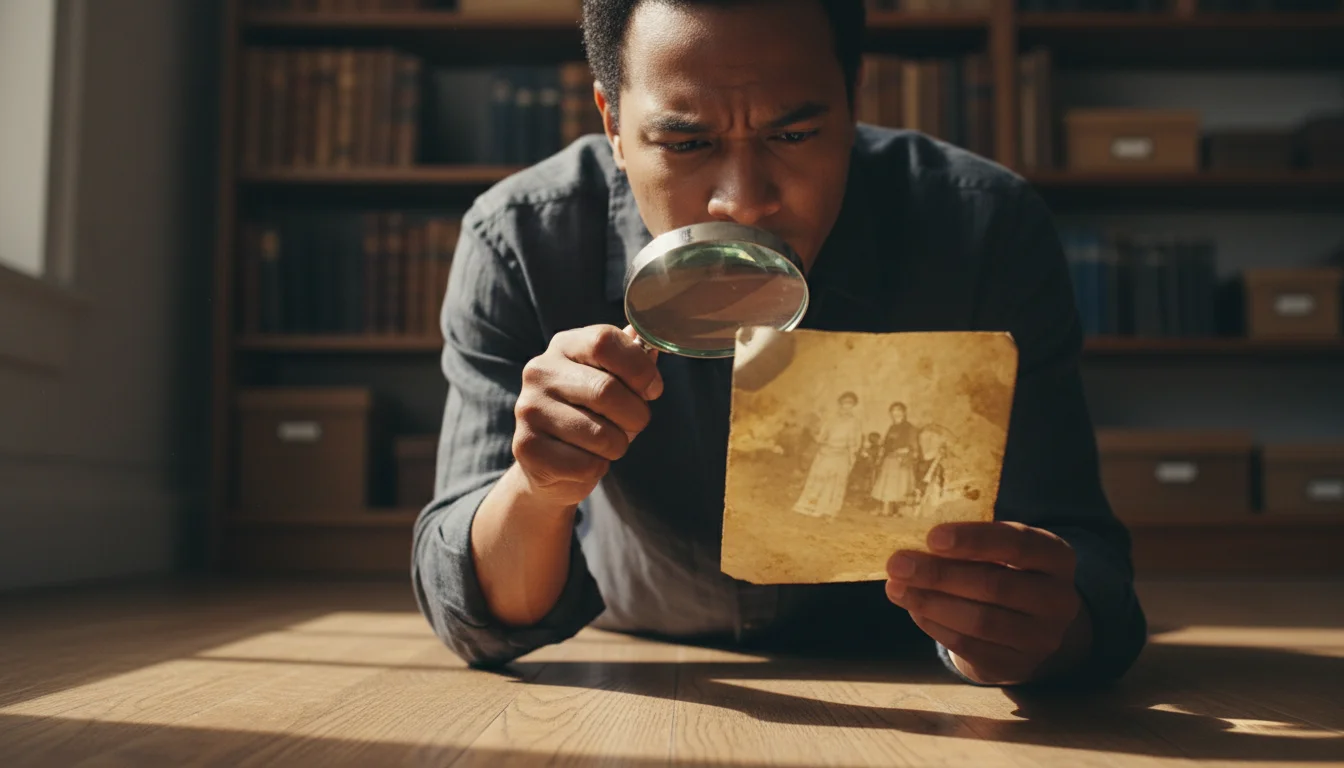 A person using a magnifying glass to closely examine the yellowed details of an old photograph under warm, soft window light.