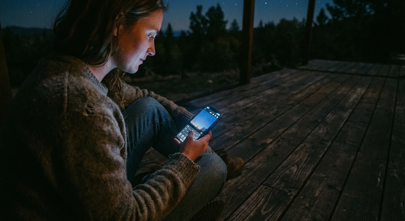 A person using a smartphone app to edit a night sky photo on a dark porch.