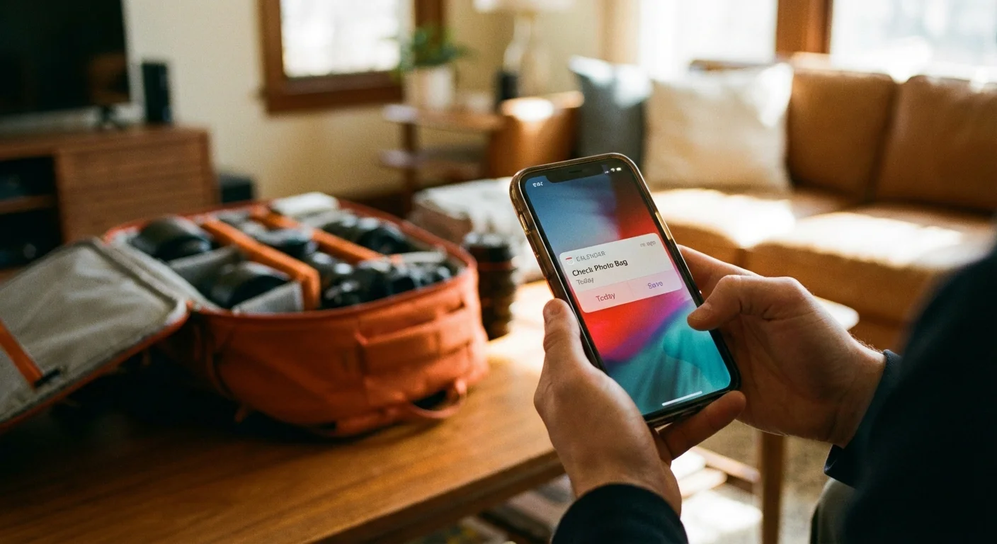 A person using a smartphone to manage a maintenance schedule for their photo bag.