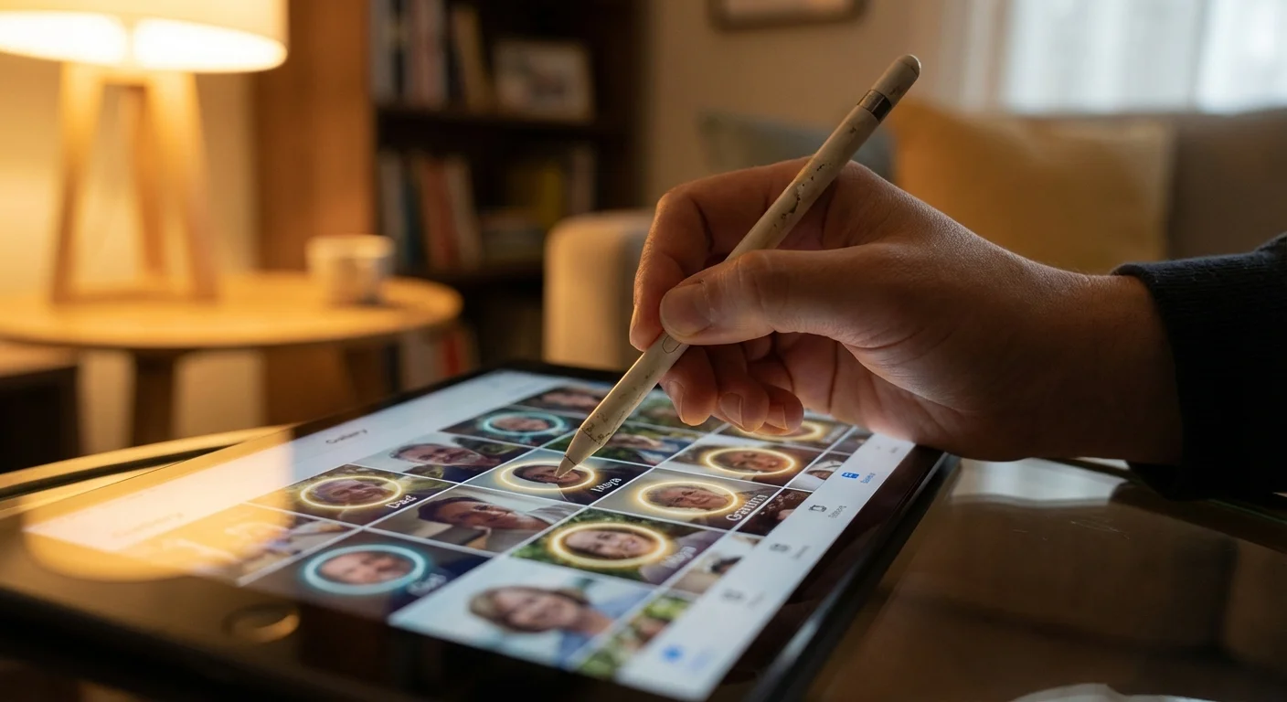 A person using a stylus to tag and identify faces in a digital photo album on a tablet.