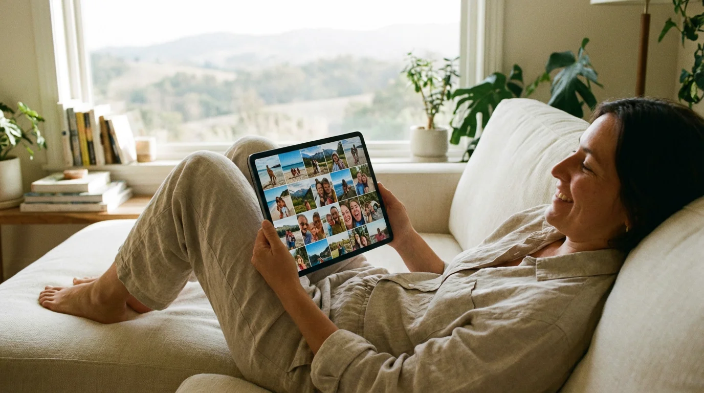 A person using a tablet to browse a large, organized digital photo library from the comfort of a sofa.