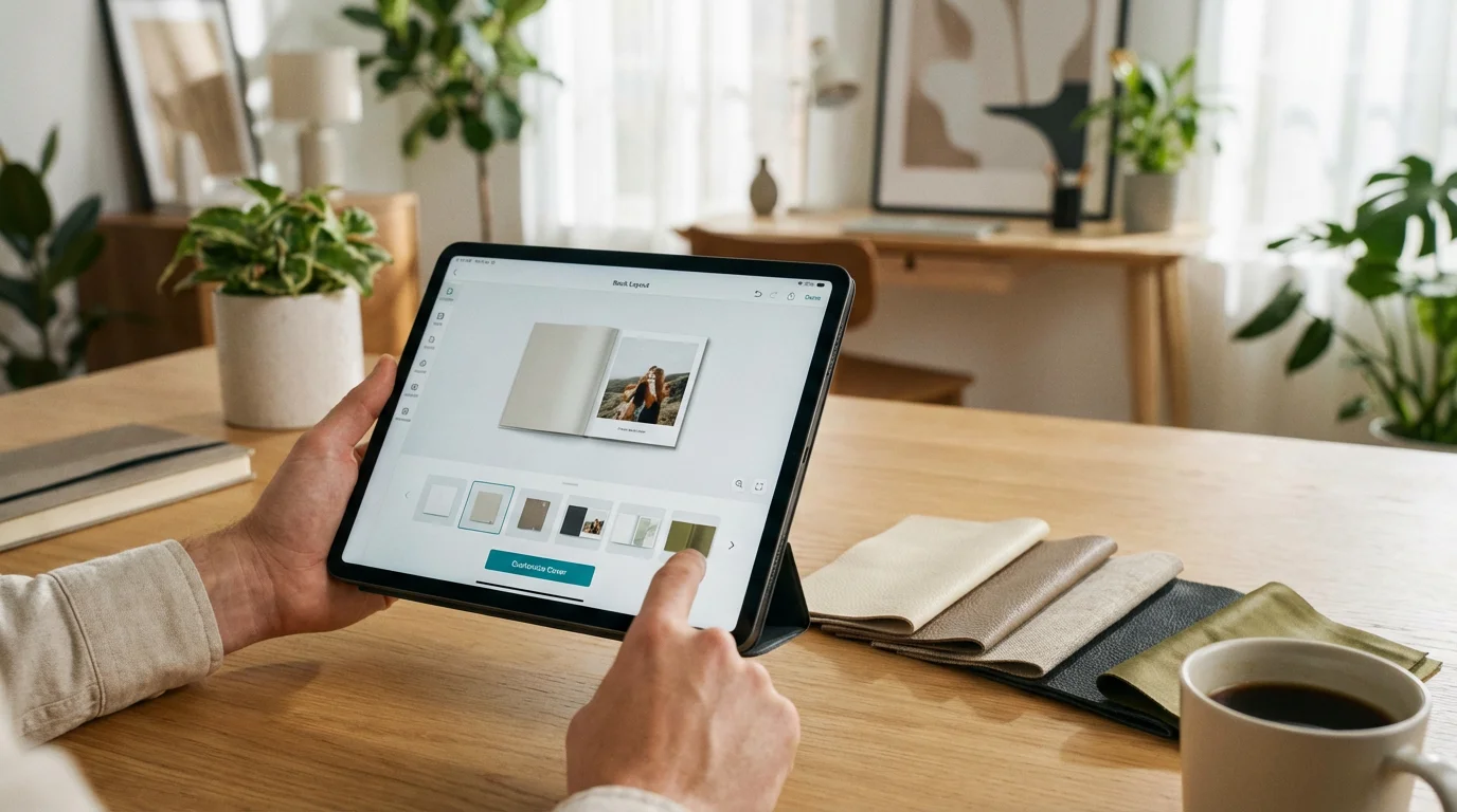 A person using a tablet to design a photo book next to various fabric and leather cover samples.