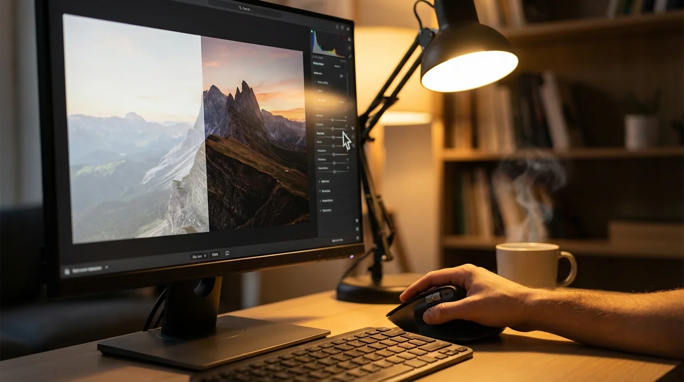 A person using photo editing software to adjust the exposure and contrast of a digital image.
