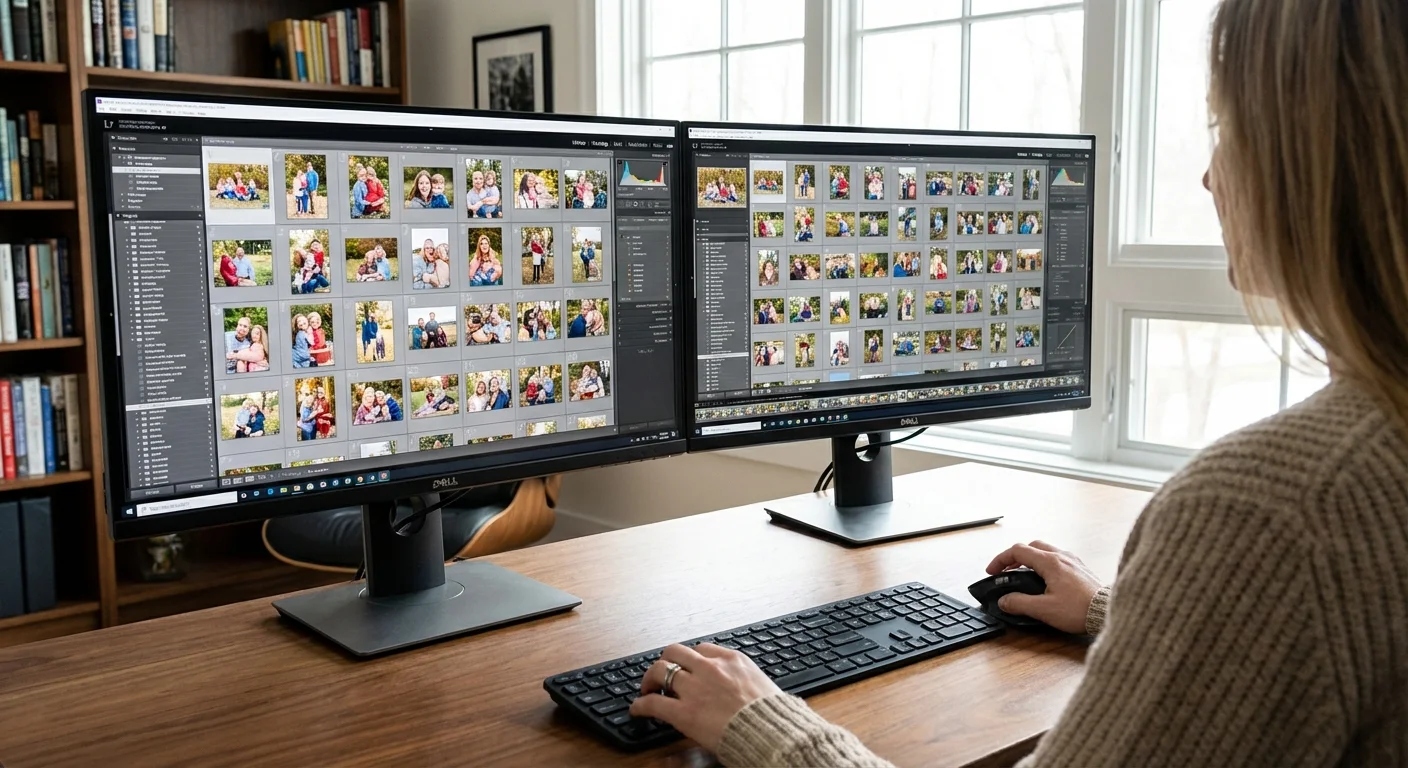 A person viewing a large grid of digital photos on two monitors, illustrating efficient organization.