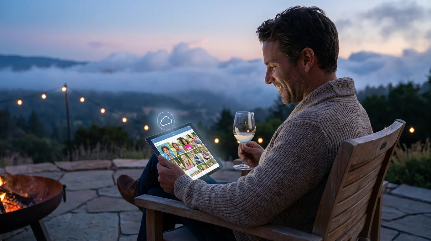 A person viewing a photo gallery on a tablet while sitting outdoors at dusk.