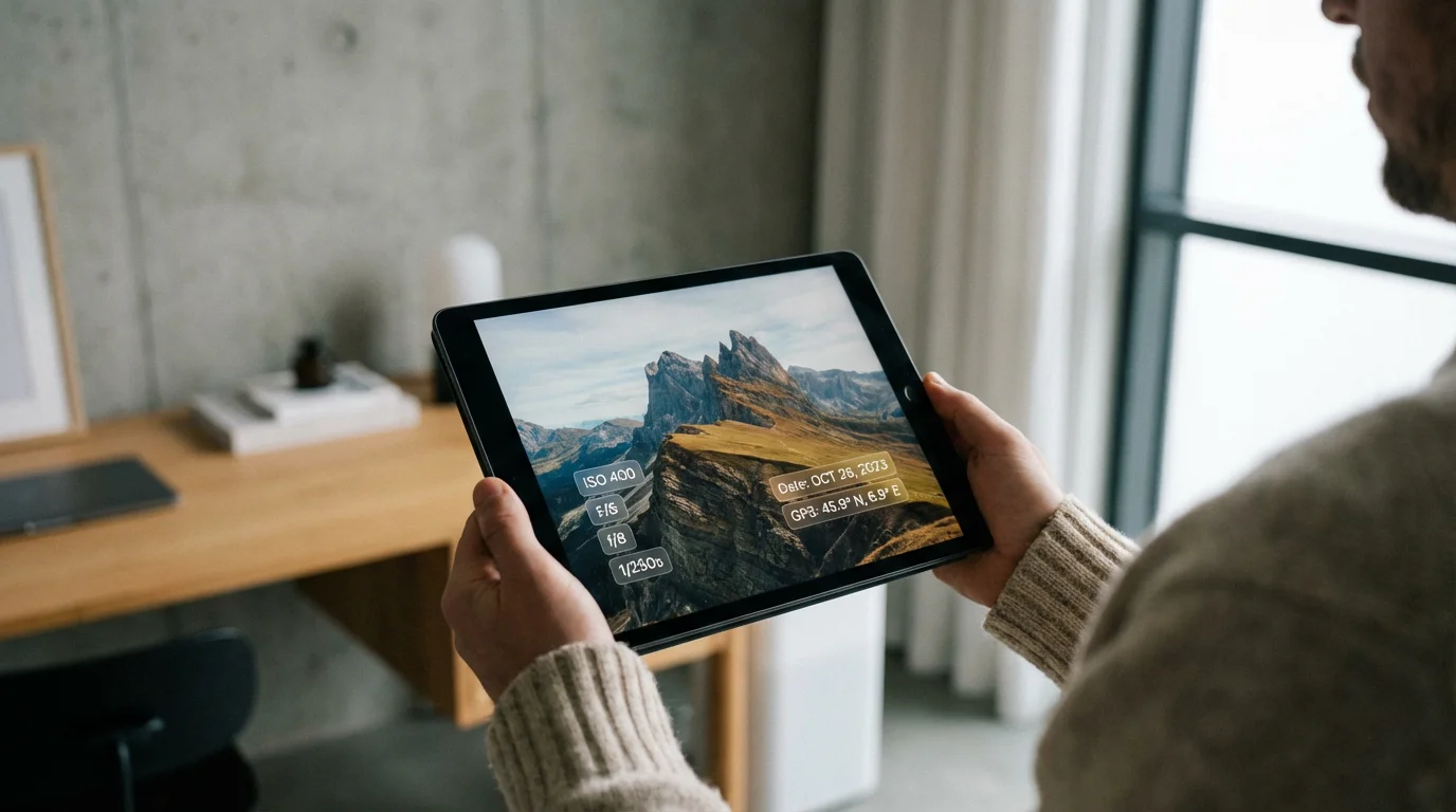 A person viewing a photograph on a tablet with digital metadata tags visible on the screen.