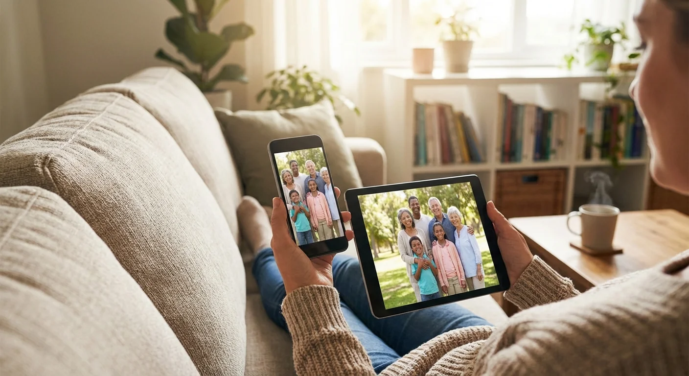 A person viewing the same family photo on a tablet and smartphone simultaneously at home.