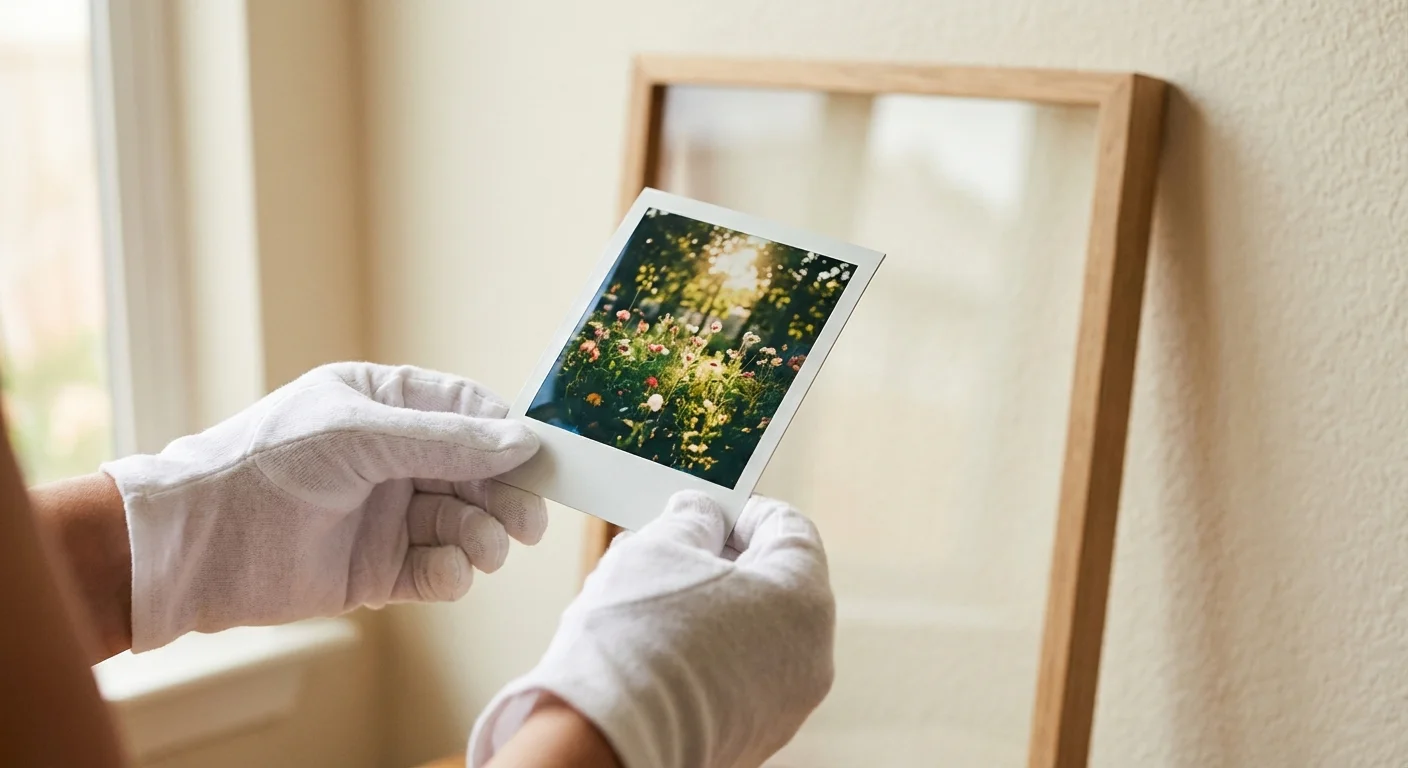 A person wearing white archival gloves holding a Polaroid photo to demonstrate safe handling.